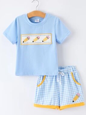 Light Blue Kids Matching Set with Pencil Appliqué - Brand Unspecified